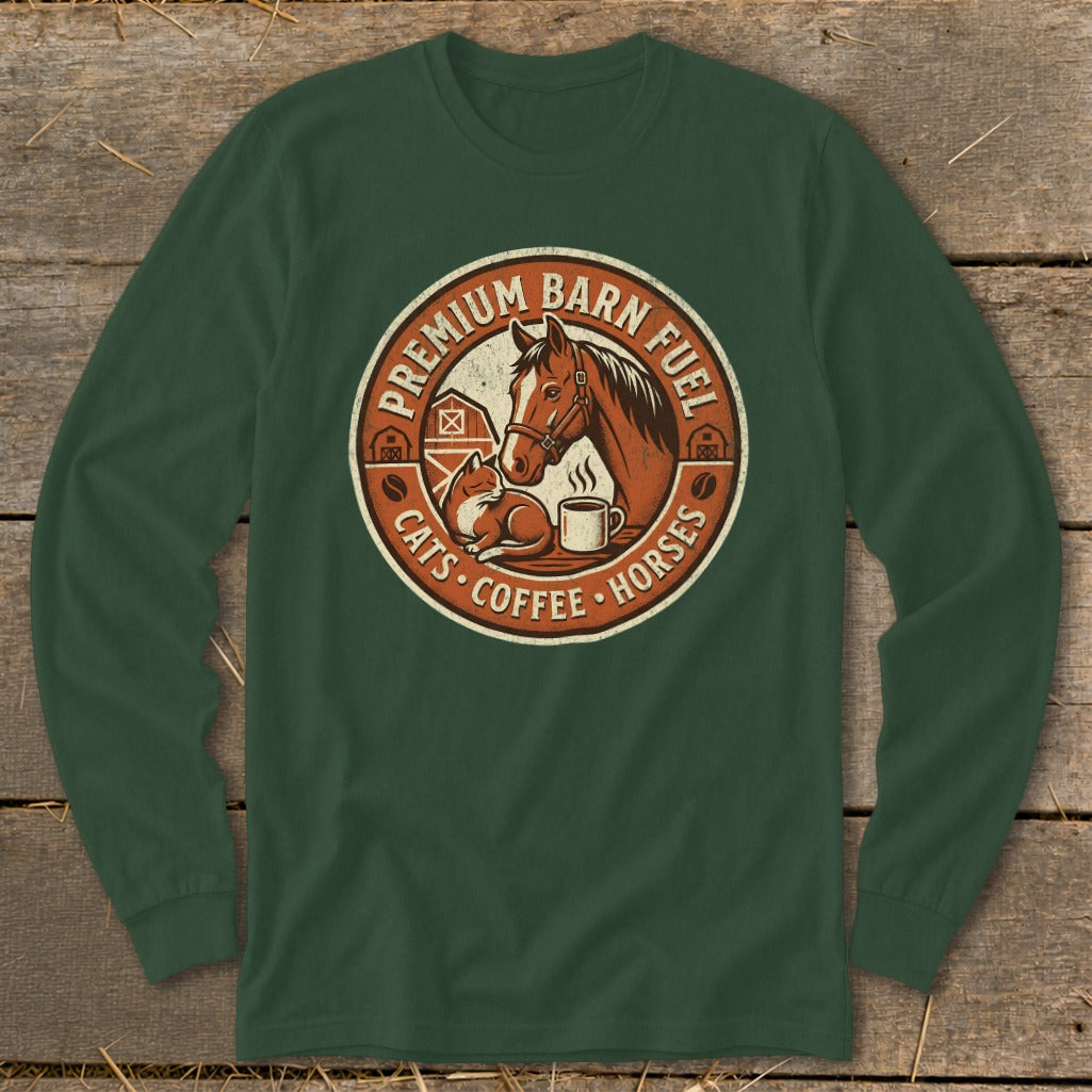 Green long sleeve shirt featuring a circular logo with horse, cat, coffee cup, and barn art.