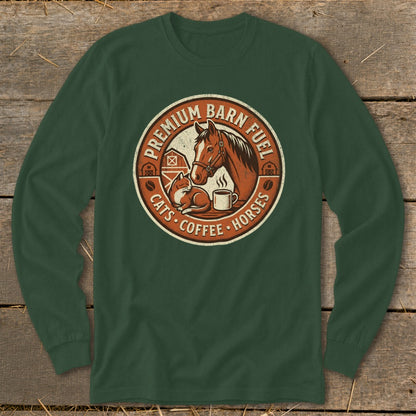 Green long sleeve shirt featuring a circular logo with horse, cat, coffee cup, and barn art.