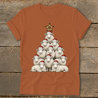 Christmas tree made of sheep wearing Santa hats with a star on top.