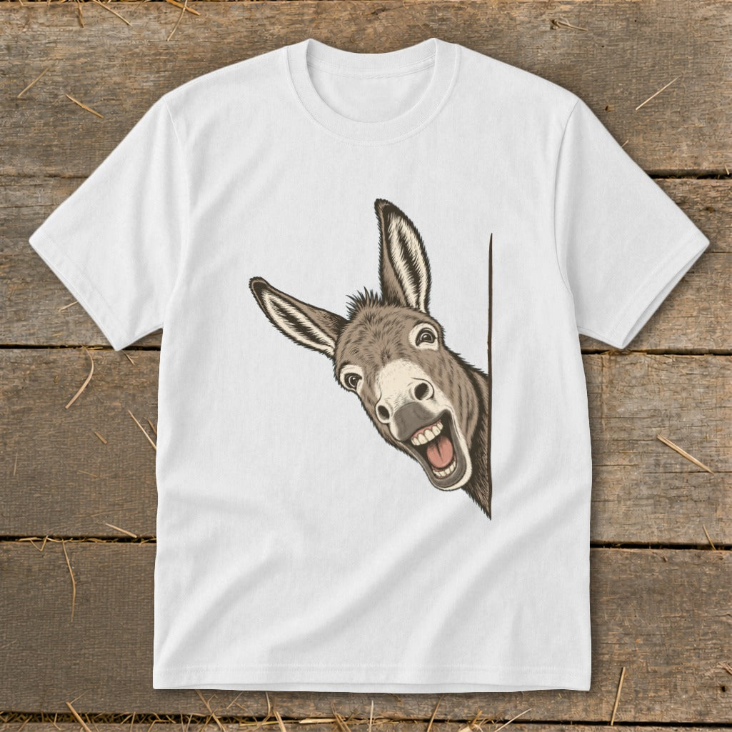 White t-shirt featuring a smiling donkey peeking from the side.