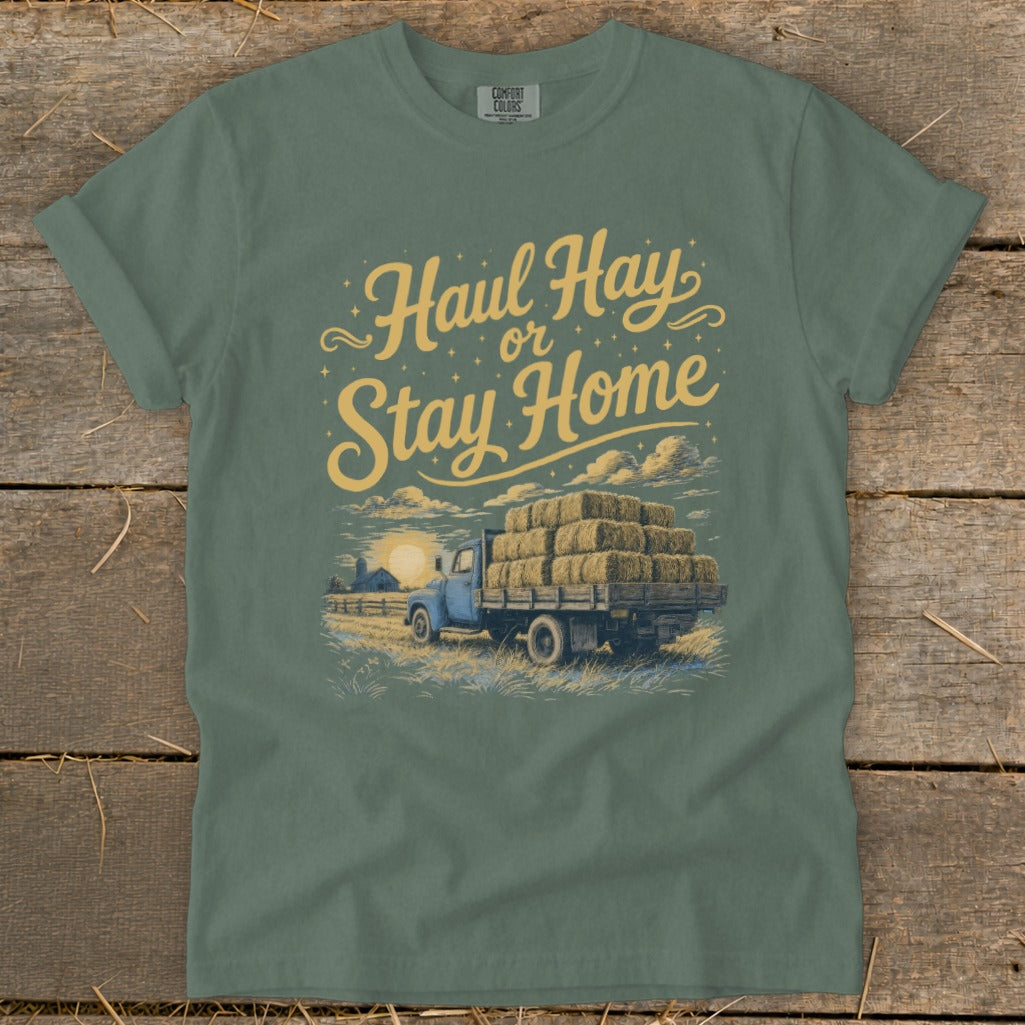 T-shirt graphic with "Haul Hay or Stay Home" text over a truck loaded with hay bales.