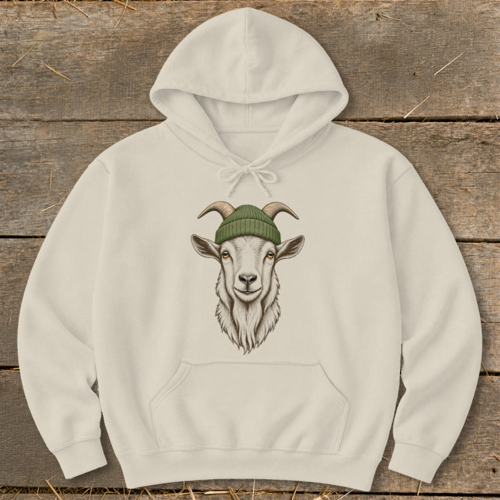 Cream hoodie with illustration of a goat wearing a green beanie.