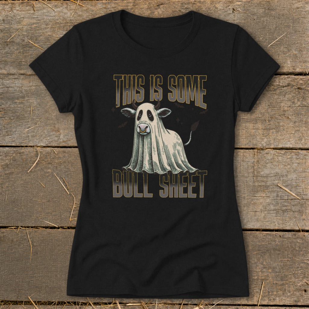Black t-shirt with a cow wearing a ghost sheet and text "This is some Bull Sheet".