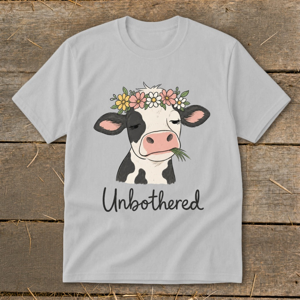 Light gray t-shirt with a cartoon cow wearing a flower crown and eating grass, text reads "Unbothered".
