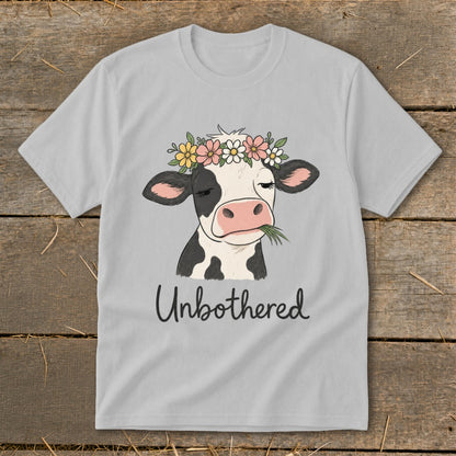 Light gray t-shirt with a cartoon cow wearing a flower crown and eating grass, text reads "Unbothered".