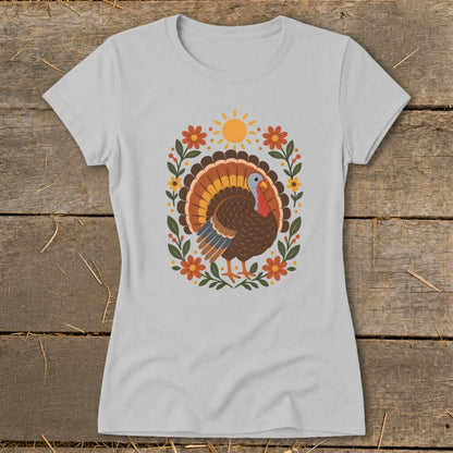 Light grey t-shirt with a stylized turkey and floral sun design.