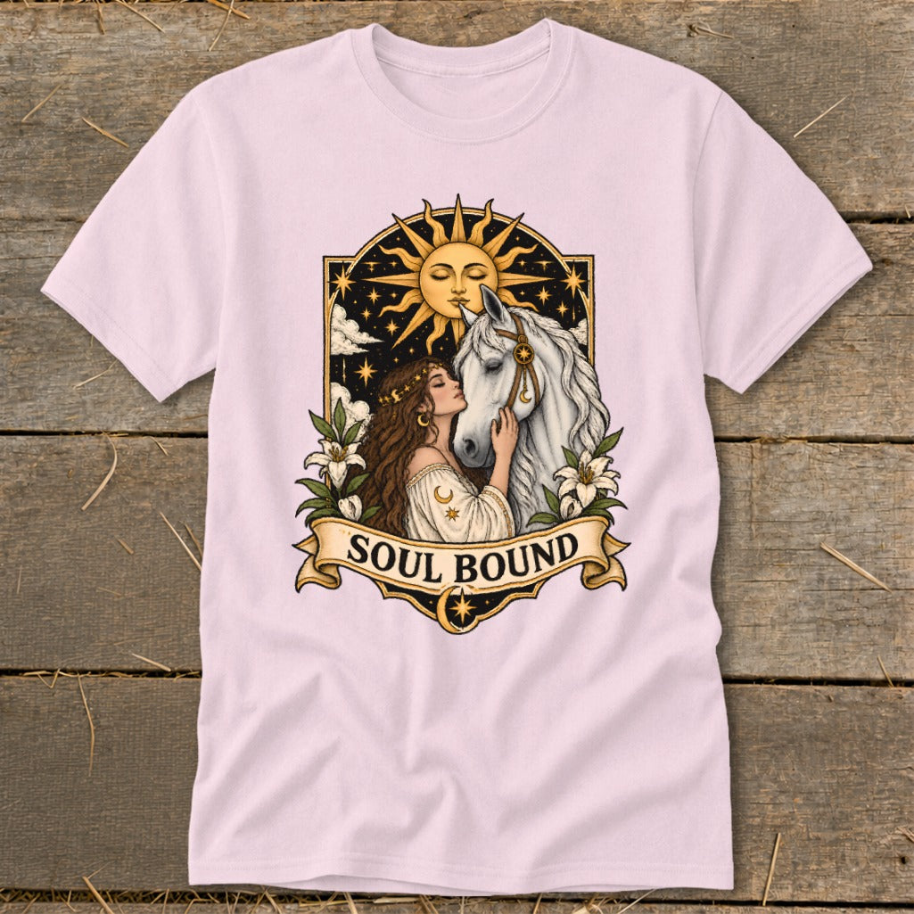 Illustration of a woman kissing a white horse with the sun above and the words "SOUL BOUND" on a banner.