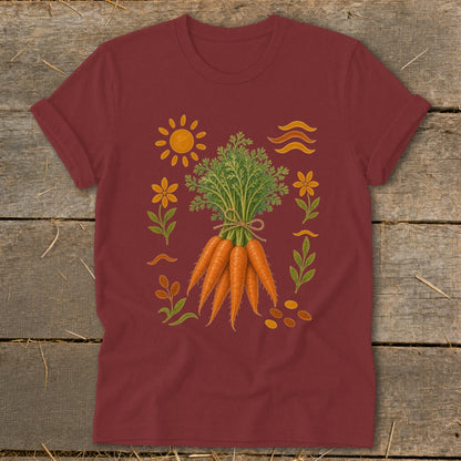 Maroon t-shirt with illustration of carrots, sun, flowers, and waves.