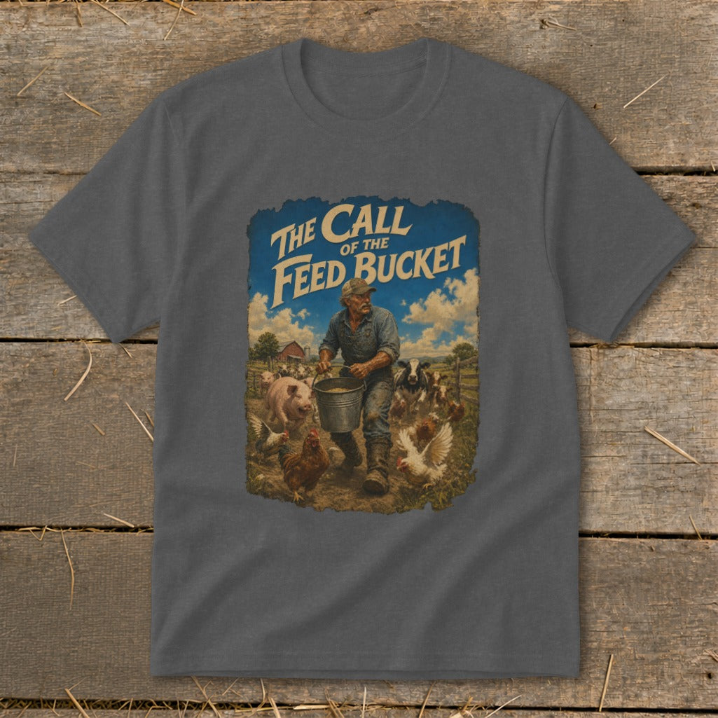 Farmer with feed bucket surrounded by farm animals, "The Call of the Feed Bucket" text.