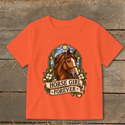 Orange t-shirt with a horse graphic and text "HORSE GIRL FOREVER".