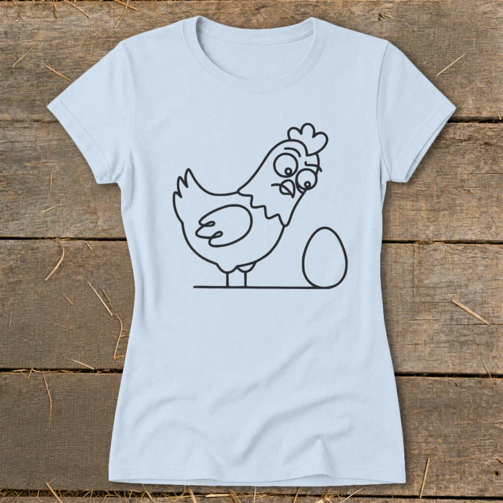 Light blue t-shirt with a black outline drawing of a surprised chicken looking at an egg.