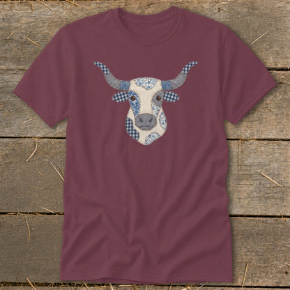 Maroon t-shirt with a patchwork longhorn cow face graphic.