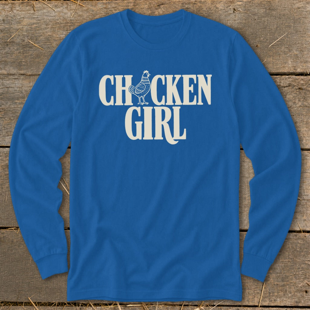 Blue long sleeve shirt with white "CHICKEN GIRL" text and a chicken graphic.