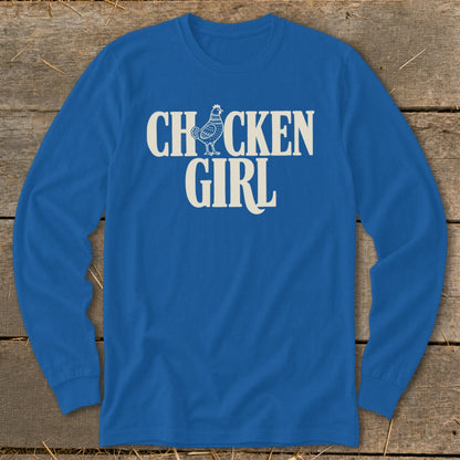 Blue long sleeve shirt with white "CHICKEN GIRL" text and a chicken graphic.