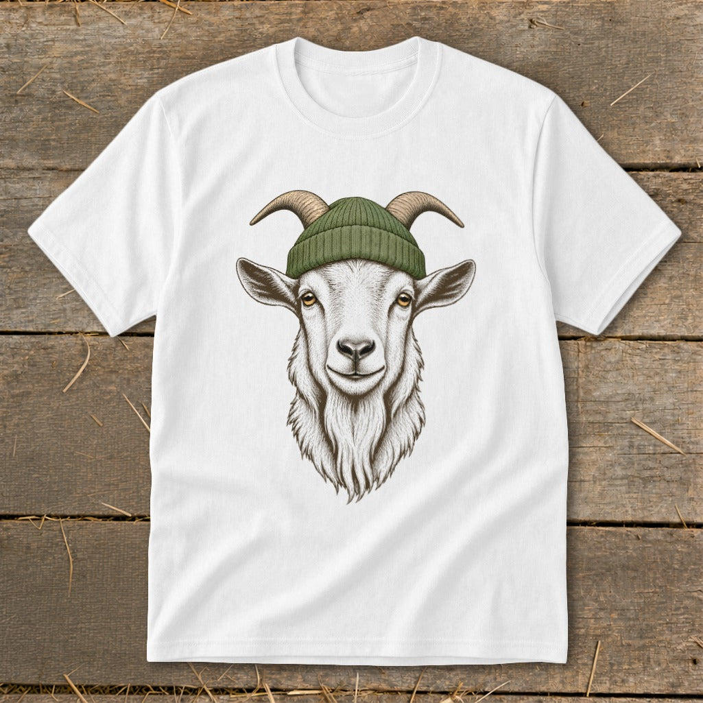 White t-shirt featuring a detailed illustration of a goat's head wearing a green beanie.