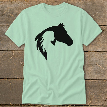 Mint green t-shirt with black silhouette of a horse head and a woman's profile.