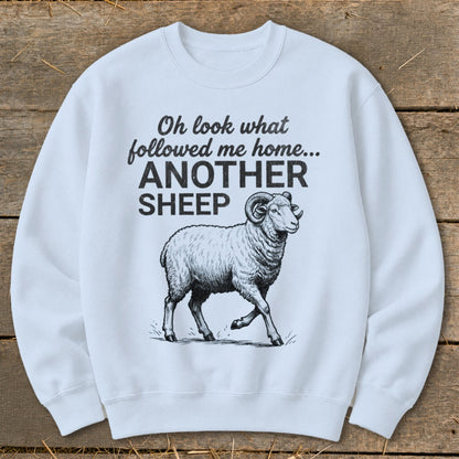White sweatshirt with black graphic text "Oh look what followed me home... ANOTHER SHEEP" and a sheep illustration.