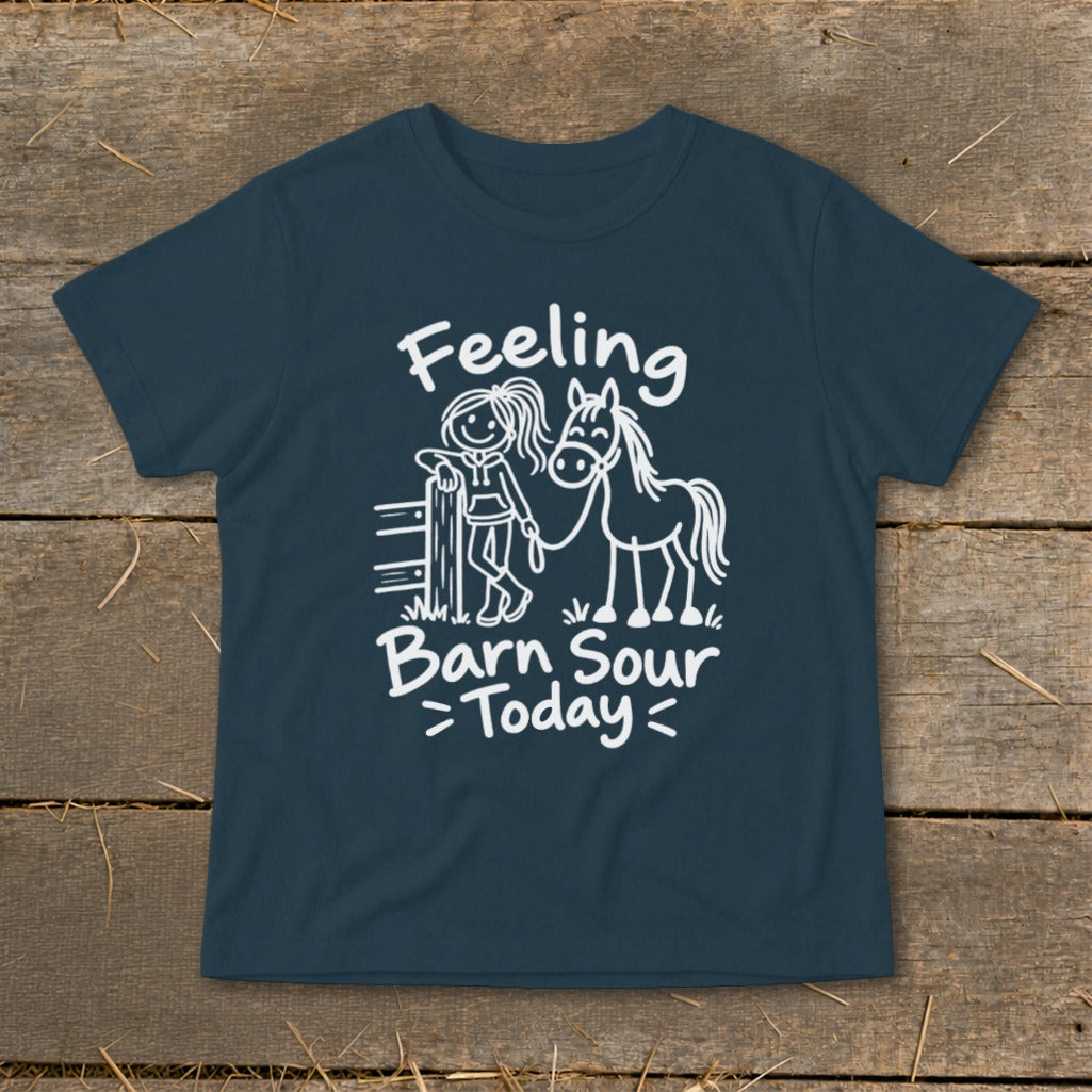 Navy t-shirt with white text and graphic of girl and horse.