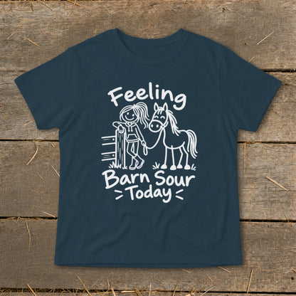 Navy t-shirt with white text and graphic of girl and horse.
