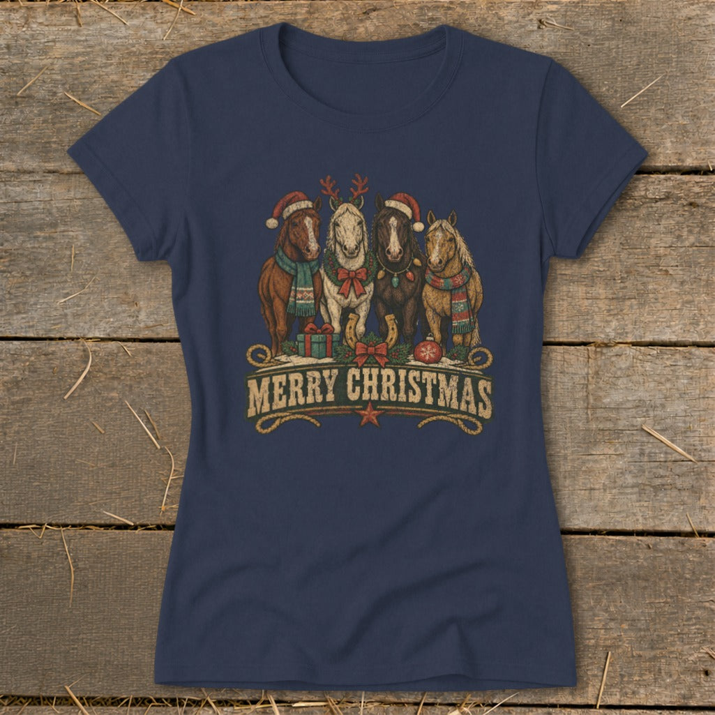 Four horses in Santa hats and scarves, with "Merry Christmas" text below.