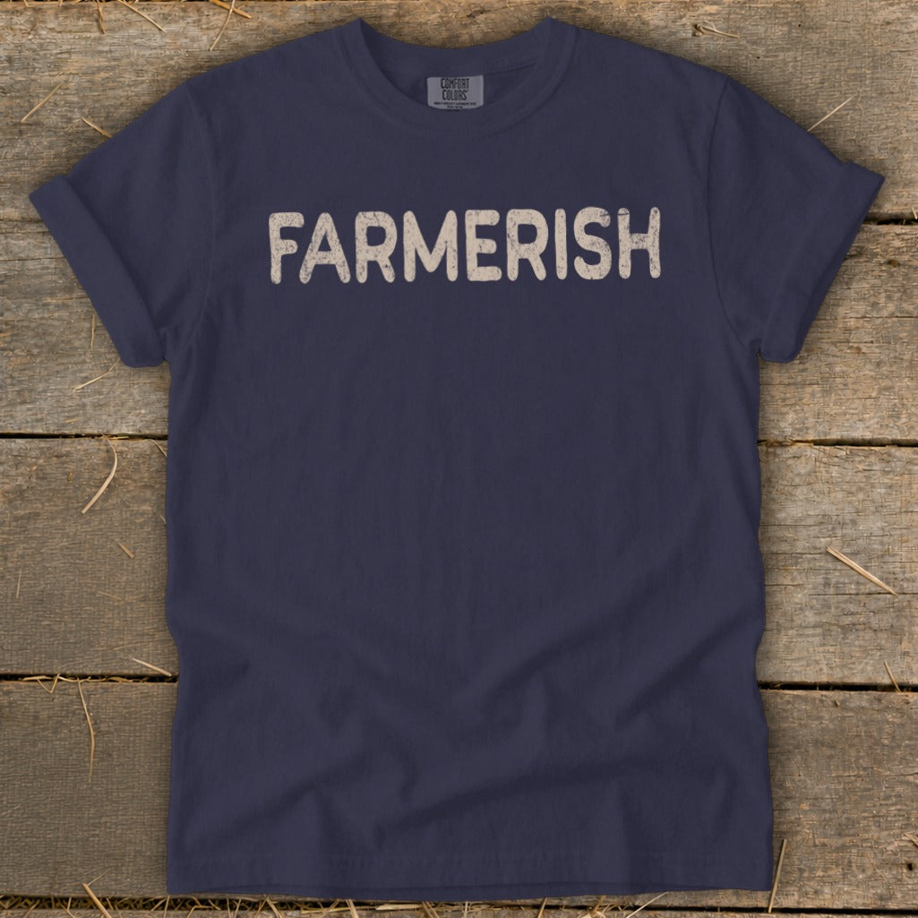 Navy t-shirt with "FARMERISH" text in distressed cream lettering.