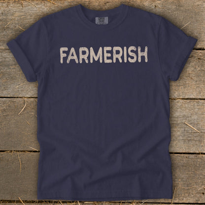 Navy t-shirt with "FARMERISH" text in distressed cream lettering.
