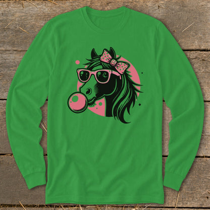 Green long-sleeve shirt with black horse graphic blowing pink bubblegum.