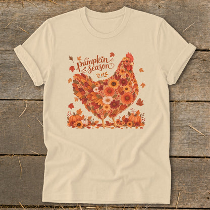 Cream t-shirt with a floral chicken design and "Pumpkin Season" text.