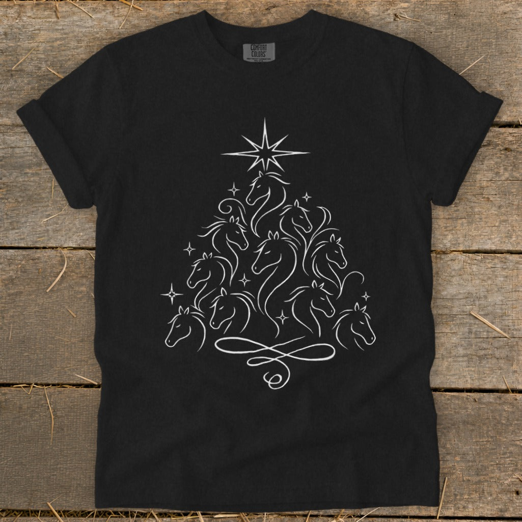 Black t-shirt with white horse Christmas tree design and a star.