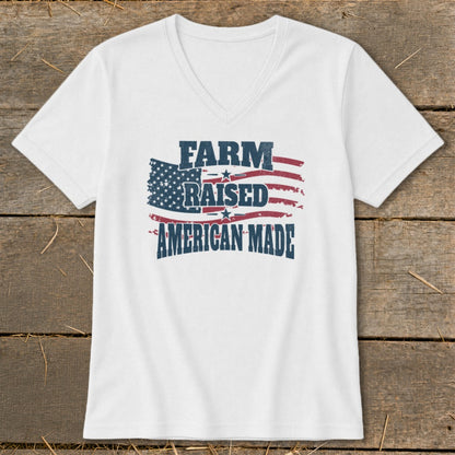 White v-neck t-shirt with distressed American flag graphic and text "FARM RAISED AMERICAN MADE".