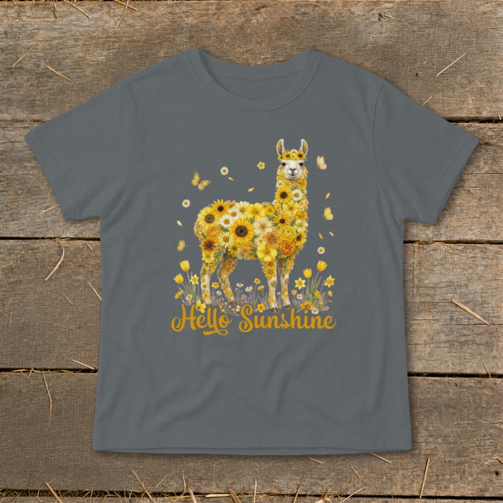 Llama made of sunflowers and yellow flowers, with "Hello Sunshine" text and butterflies.