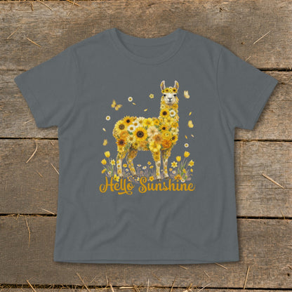 Llama made of sunflowers and yellow flowers, with "Hello Sunshine" text and butterflies.