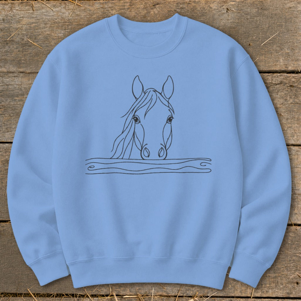 Light blue sweatshirt with a minimalist black line drawing of a horse's head.