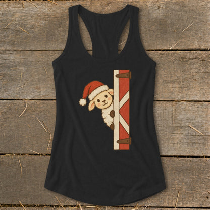 Black tank top with a sheep in a Santa hat peeking from a red barn door.
