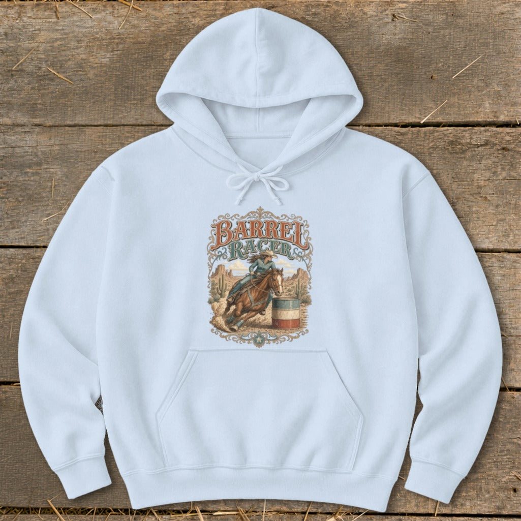 Light blue hoodie with "Barrel Racer" graphic of a rider and horse by a barrel.