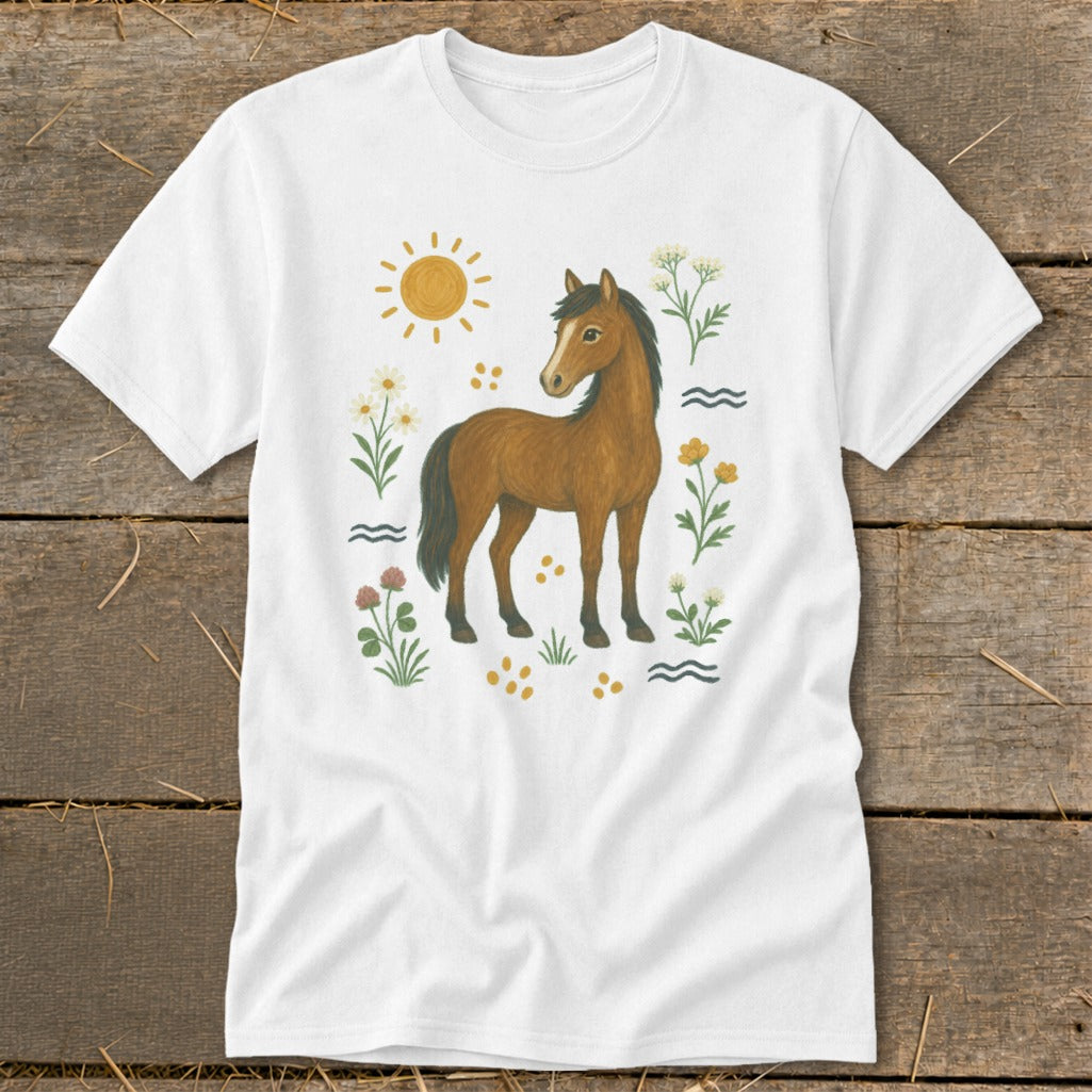 White t-shirt with a brown horse illustration surrounded by flowers and a sun.