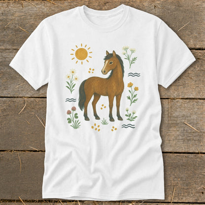 White t-shirt with a brown horse illustration surrounded by flowers and a sun.
