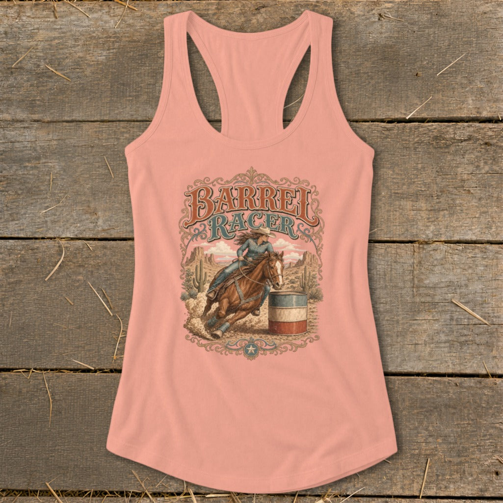 Tank top graphic featuring a barrel racer with "BARREL RACER" text.