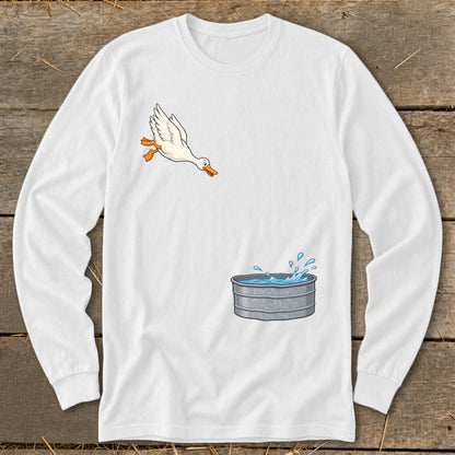 White long-sleeve shirt with a cartoon duck jumping into a galvanized tub of water.