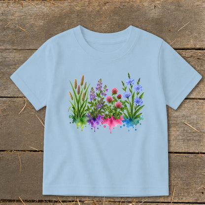 Light blue children’s t-shirt featuring a watercolor botanical print of wildflowers over colorful paint splatters.