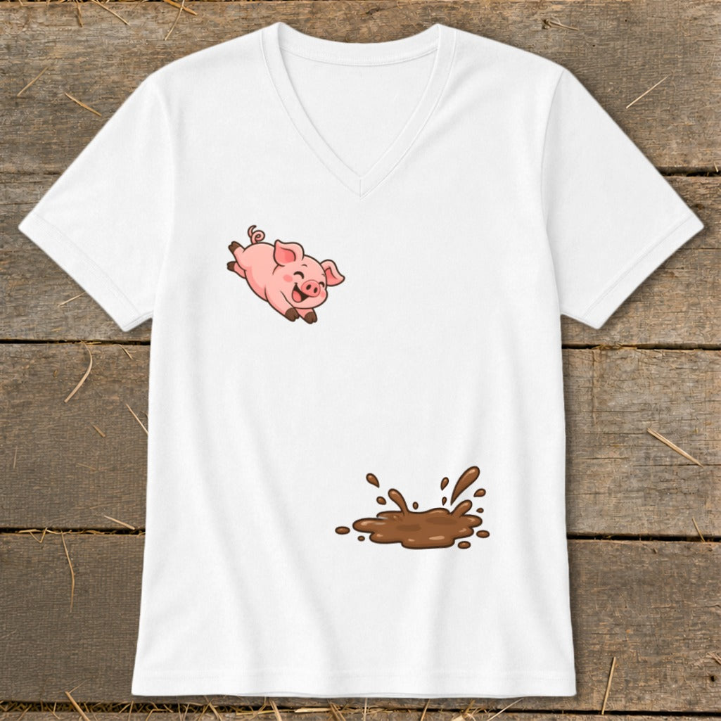 White v-neck t-shirt with a cartoon pig jumping above a mud puddle.