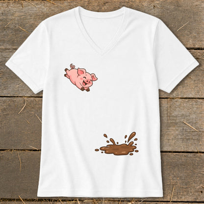 White v-neck t-shirt with a cartoon pig jumping above a mud puddle.