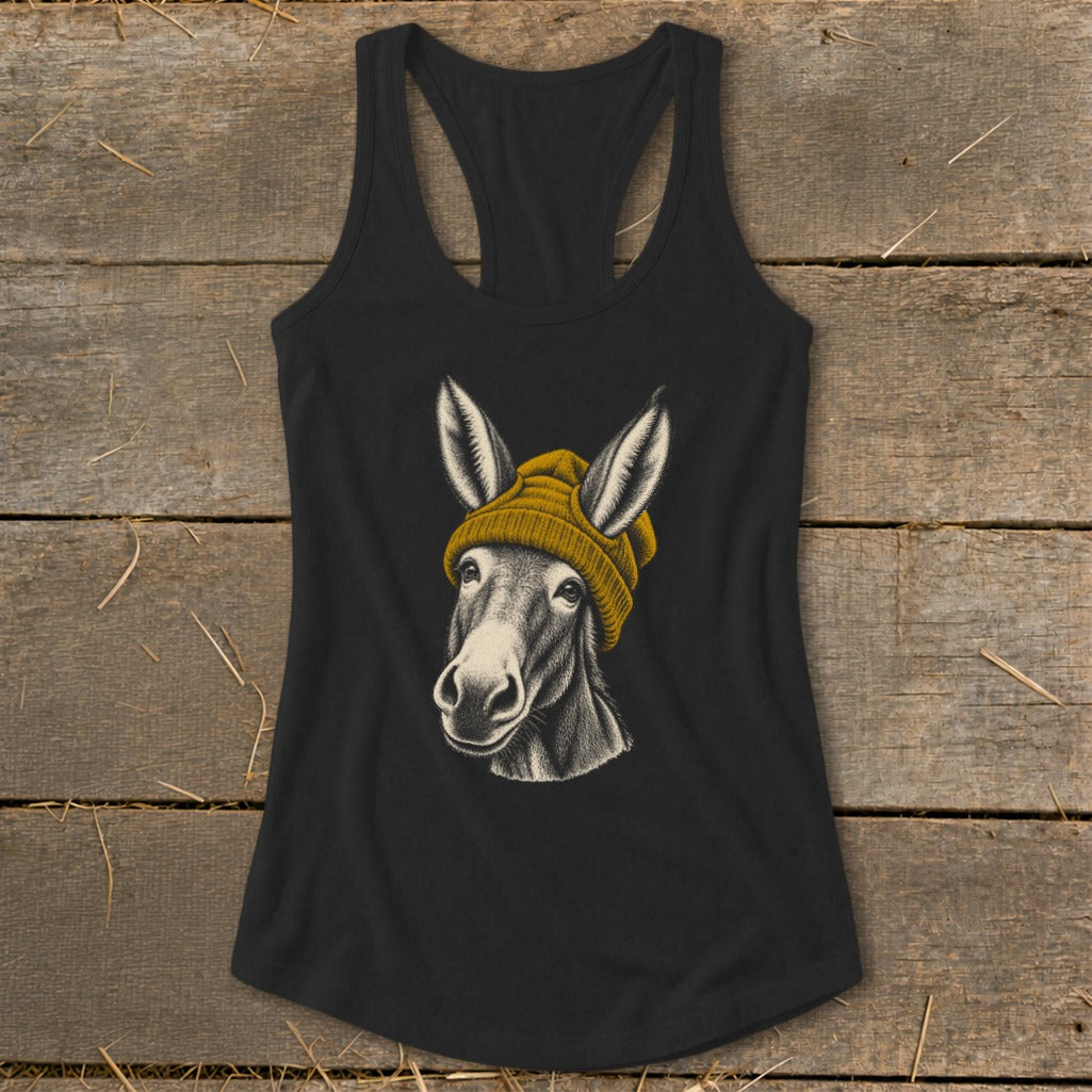 Black tank top featuring a drawing of a donkey wearing a yellow beanie.