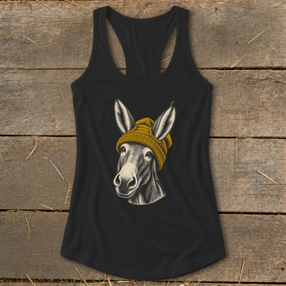 Black tank top featuring a drawing of a donkey wearing a yellow beanie.