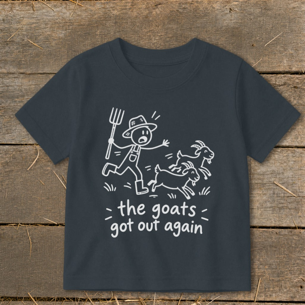 Drawn graphic of a farmer chasing goats with text "the goats got out again."