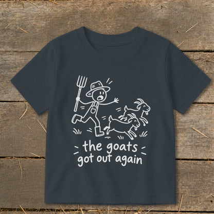 Drawn graphic of a farmer chasing goats with text "the goats got out again."