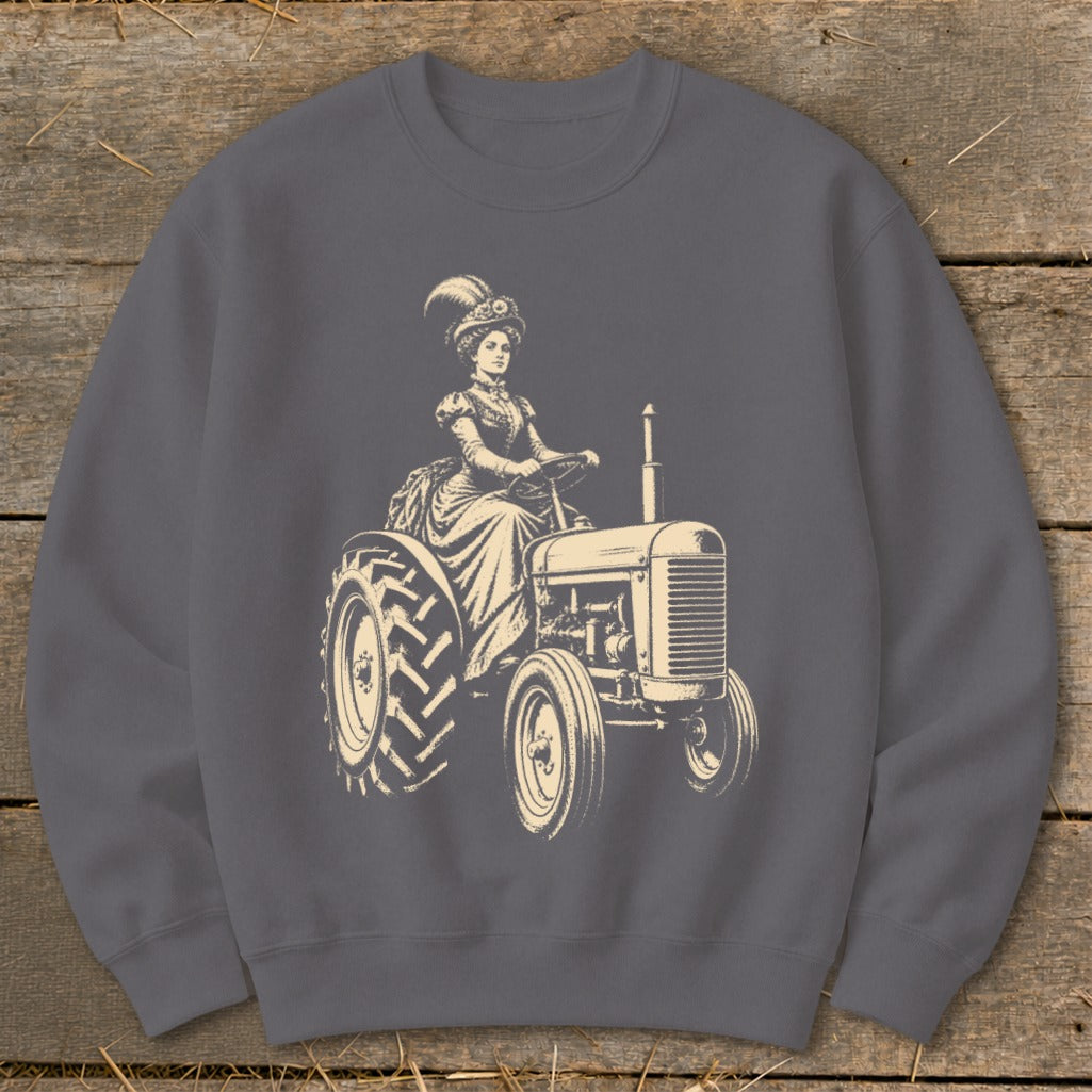 Cream illustration of a woman in a vintage dress and hat driving a tractor.