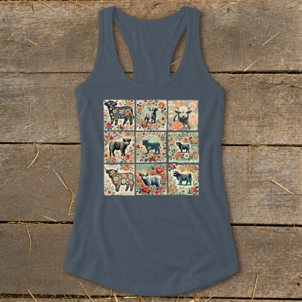 Gray tank top with a nine-panel print of highland cows and flowers.