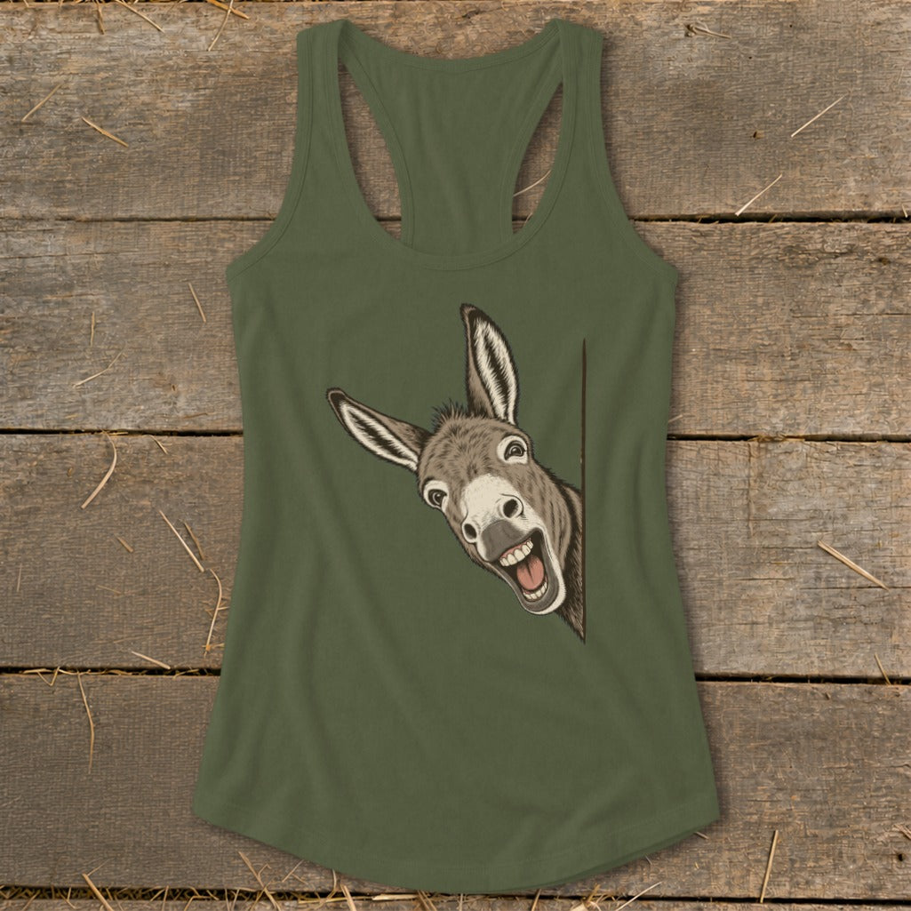 Green tank top with a cartoon donkey peeking from the side.