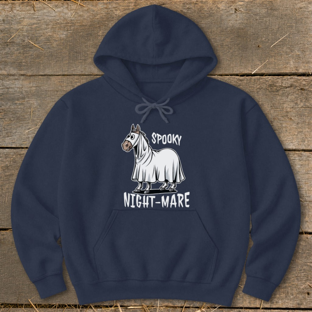Navy hoodie with cartoon horse wearing a ghost costume and text "SPOOKY NIGHT-MARE".
